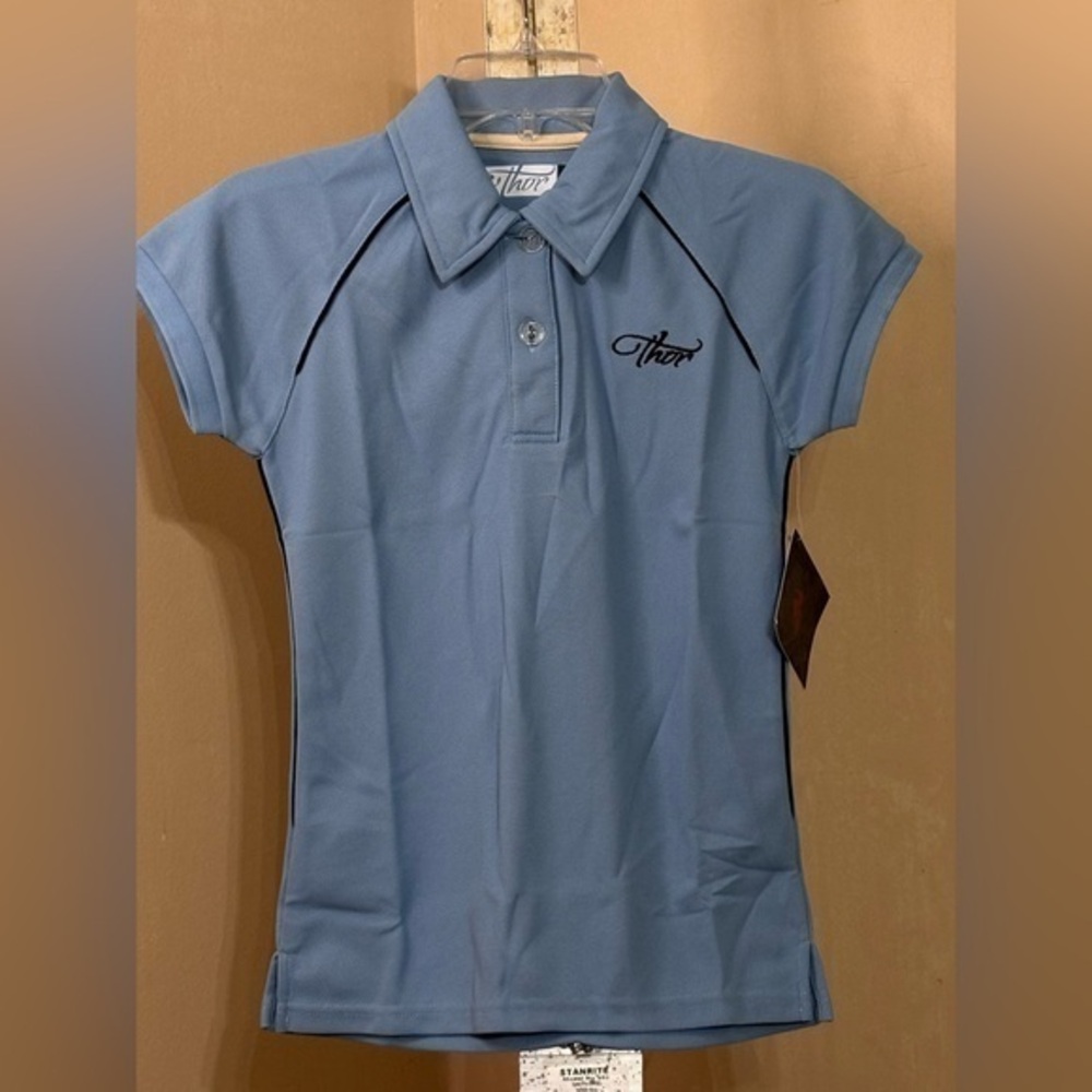 Thor Women’s Pearl Blue / Black trim Polo Shirt Sz Small NWT